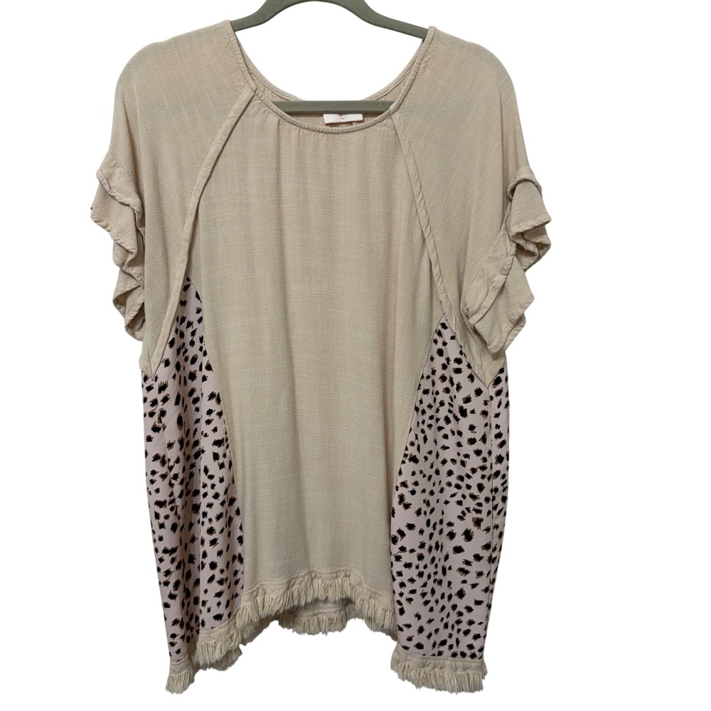 Haileyโ & Co Womens Leopard Print Mixed Media Fringe Hem Blouse Large IT3435
